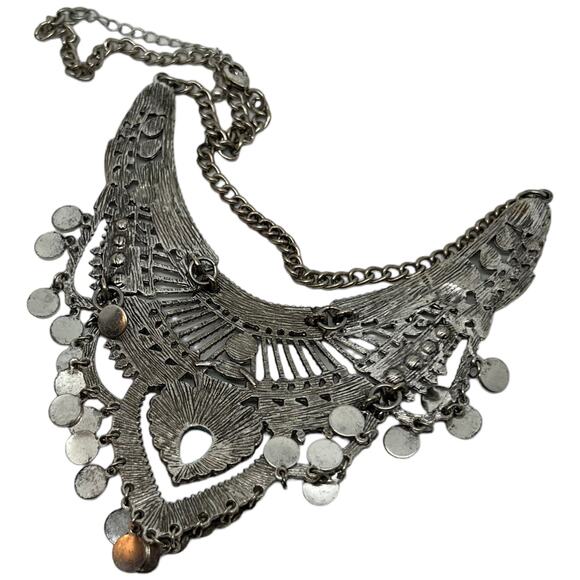Bohemian Statement Bib Necklace Silver Turquoise Mint Tribal Coin Festival 22.5" - Picture 3 of 5